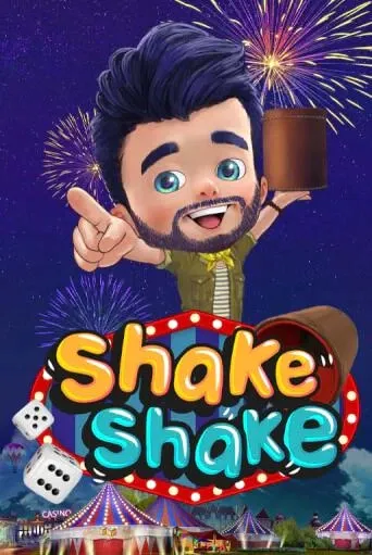 Personnage de dessin animé avec des dés et le texte "Shake Shake" sur fond de feux d'artifice.