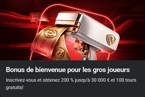 LEON Casino bonus de bienvenue : 200% jusqu'à 30 000 € et 100 tours gratuits
