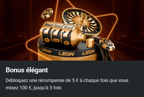 LEON Casino bonus : 5 € pour 100 € misés, jusqu'à 5 fois